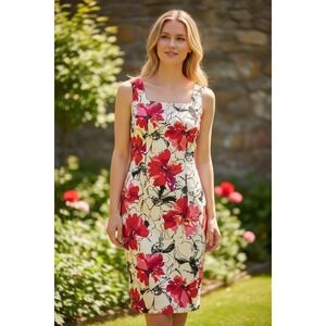 Perceptions New York Floral Sheath Dress Red Pink White Size 12 Square Neck Knee